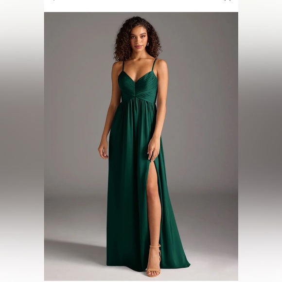 Azazie Alia Emerald A Line Pleated Stretch Satin Dress - Picture 5 of 9